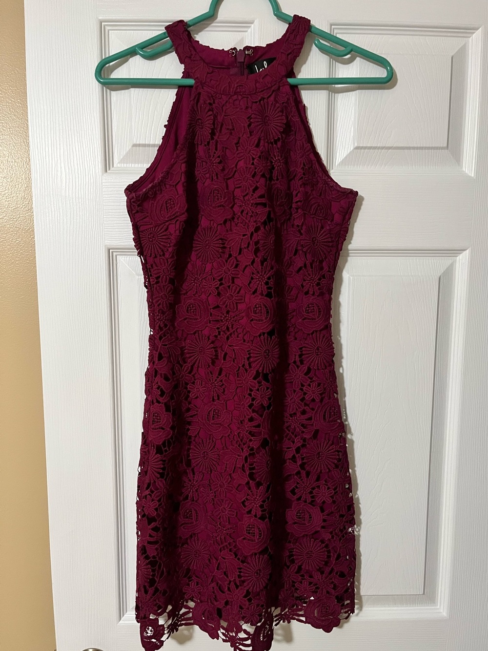 Lulu's Wine Burgundy Floral Lace Halter Mini Dress